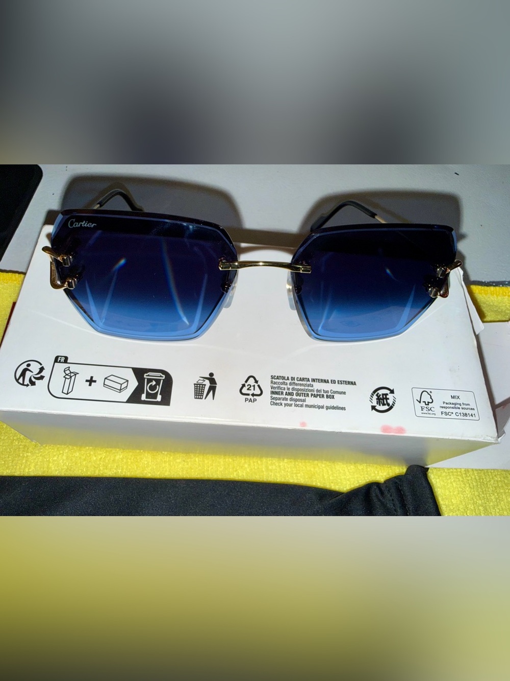 Cartier Blue Gradient Hexagon Rimless Sunglasses with Gold Frame
